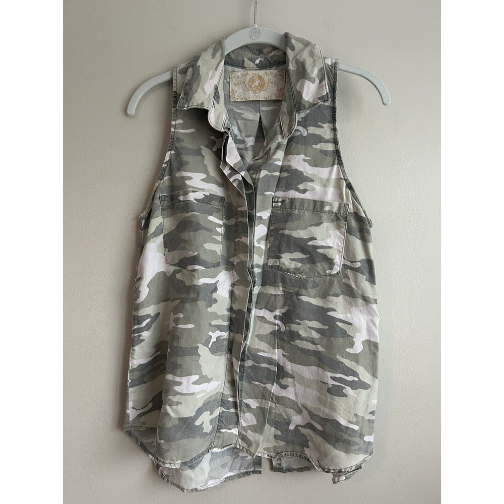 Bella Dahl S Small Sleeveless Button Down Shirt Camouflage Camo